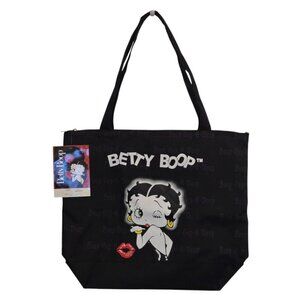 Betty Boop Black Tote Bag with Pouch & Zipper Retro Cartoon Print Lining C cicip